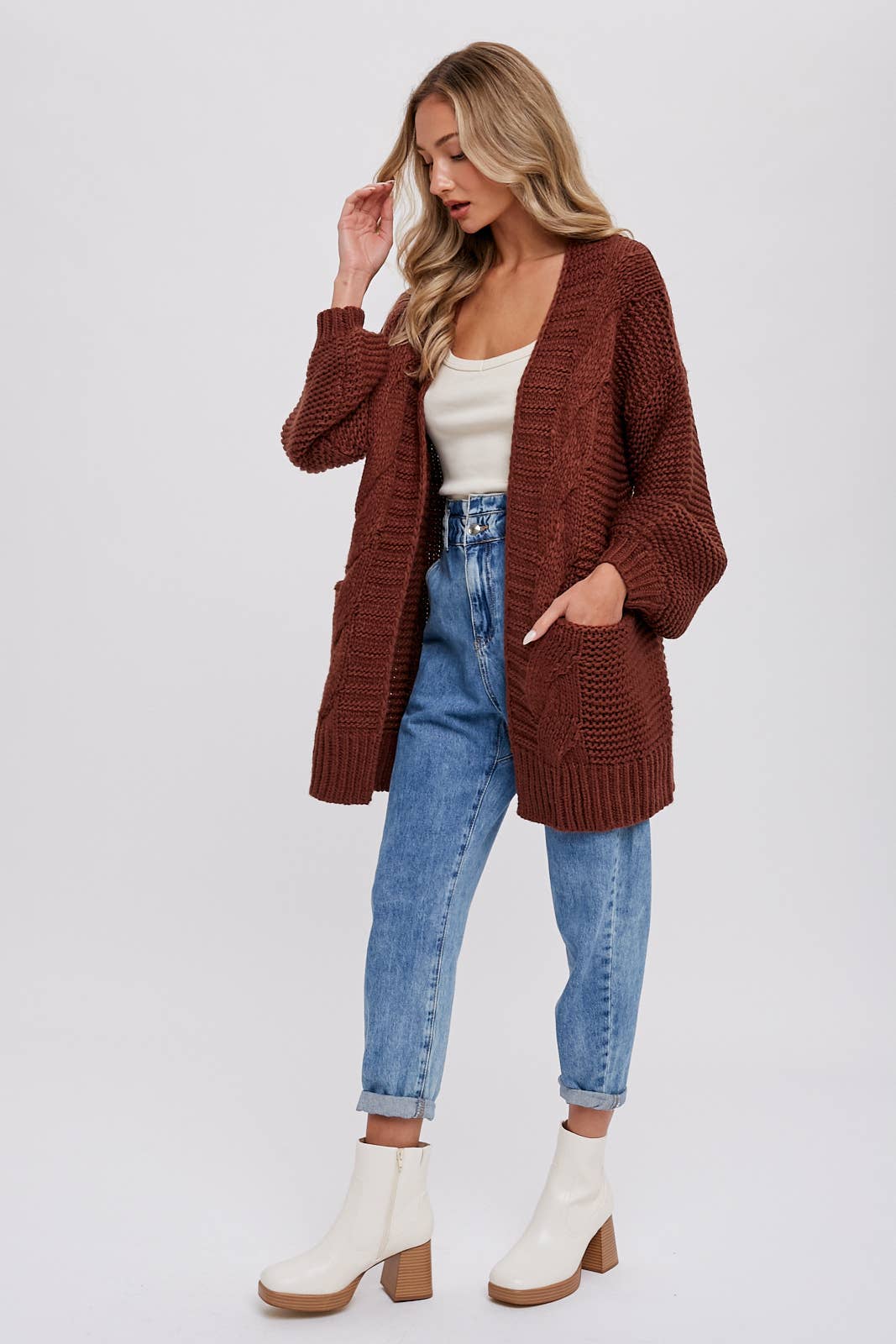 CHUNKY CABLE LANTERN SLEEVE CARDIGAN: OLIVE