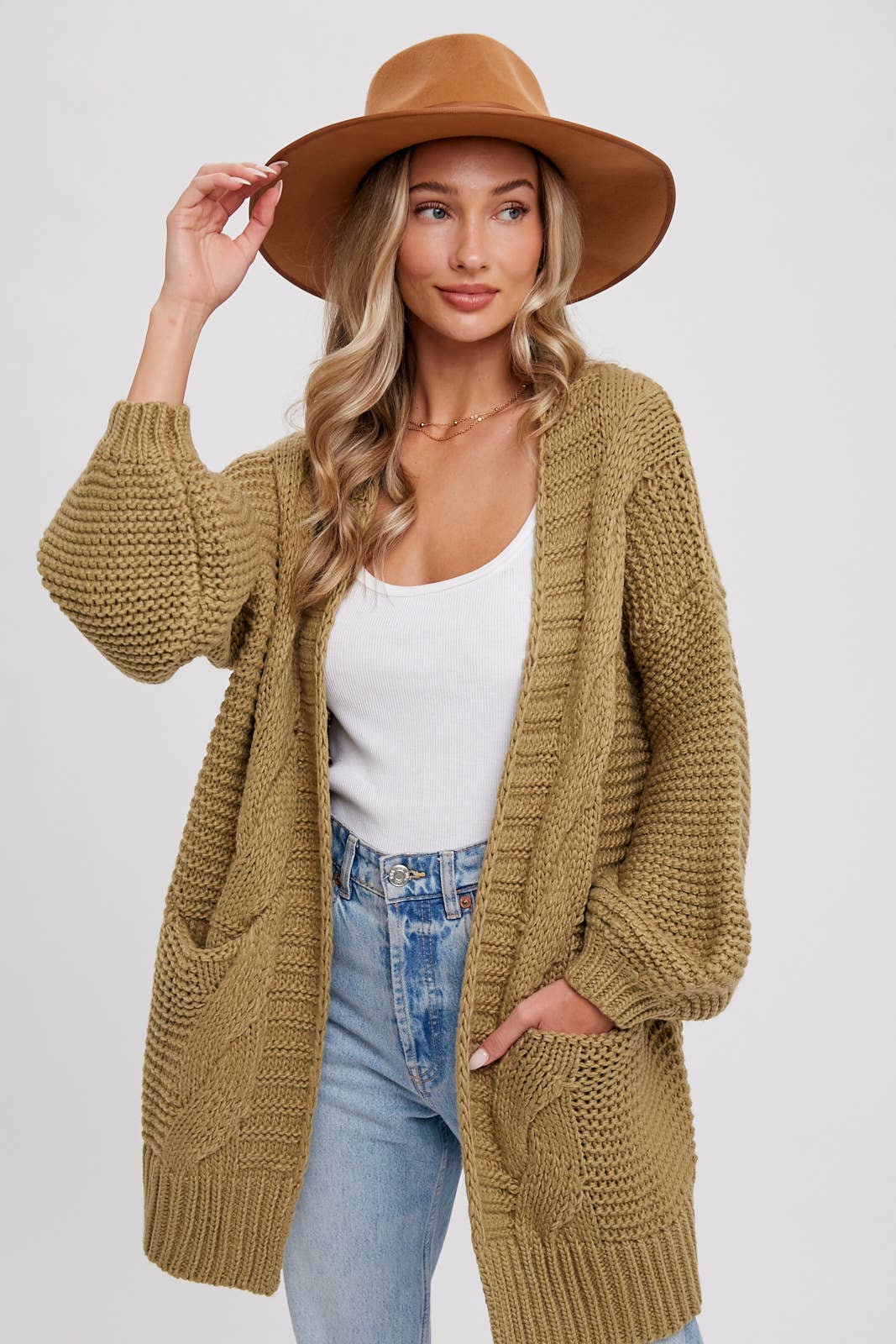 CHUNKY CABLE LANTERN SLEEVE CARDIGAN: OLIVE