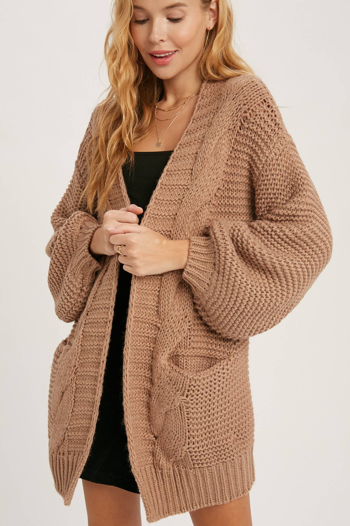 CHUNKY CABLE LANTERN SLEEVE CARDIGAN: OLIVE