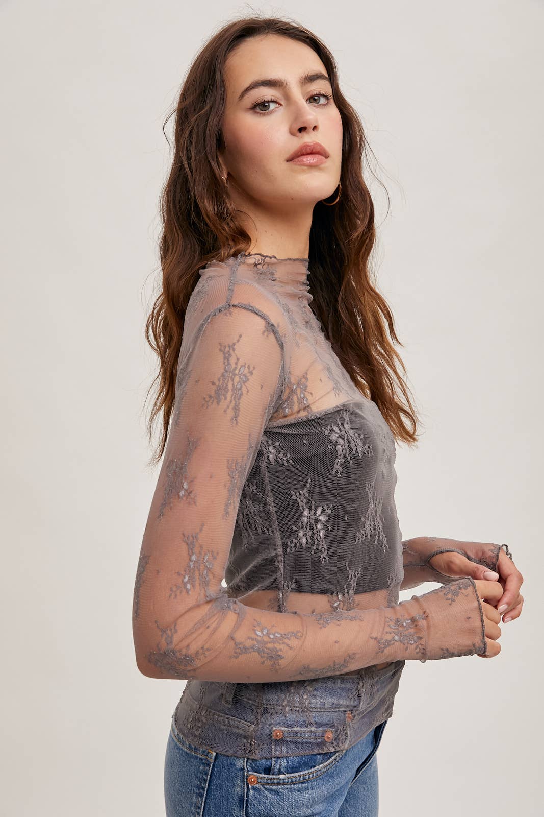 FLORAL EMBROIDERY LACE MESH LAYERING TOP: MAUVE