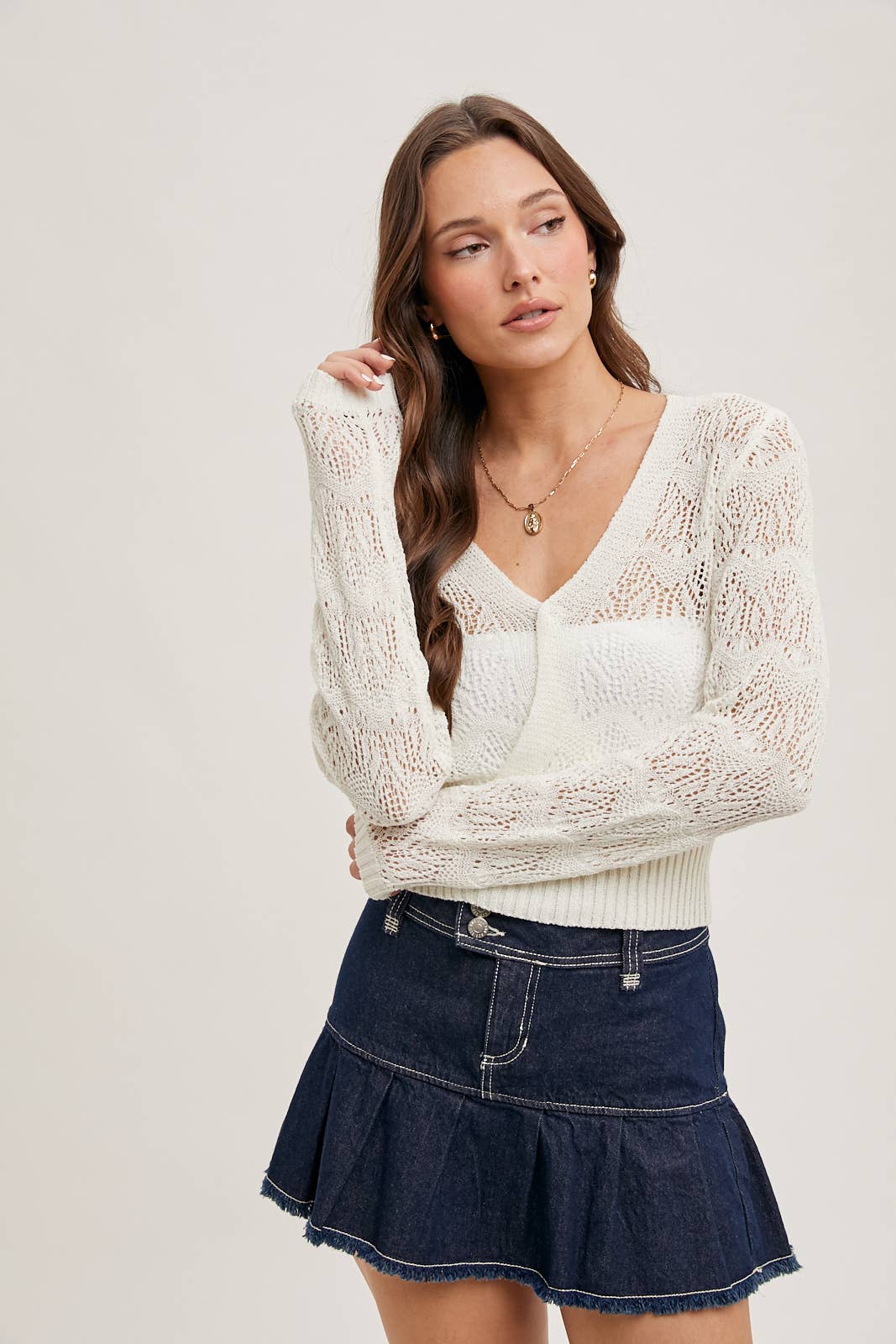 OPEN KNIT WRAP V-NECK SWEATER TOP: IVORY