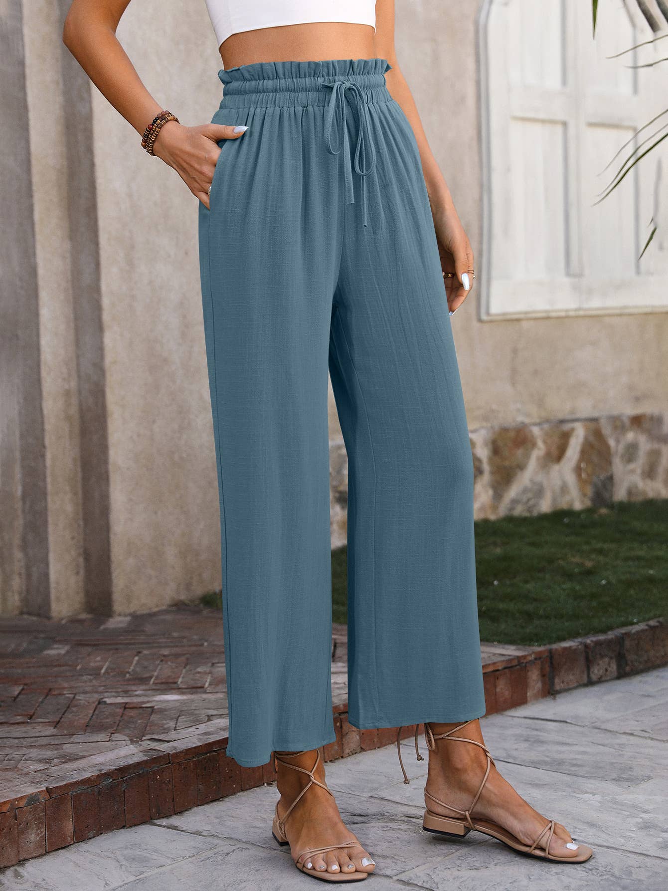 Linen Cropped Wide Leg Pants G5-P8033: Blue