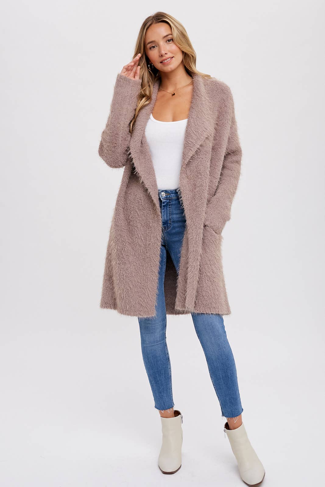 SOFT FUZZY DRAPE FRONT CARDIGAN: MUSHROOM