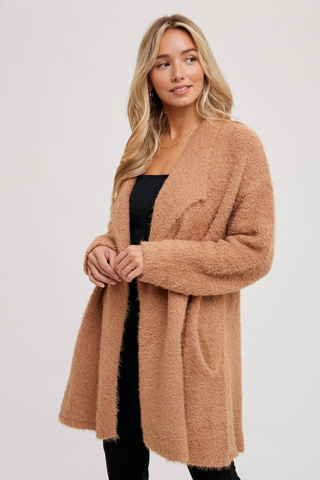 SOFT FUZZY DRAPE FRONT CARDIGAN: MUSHROOM