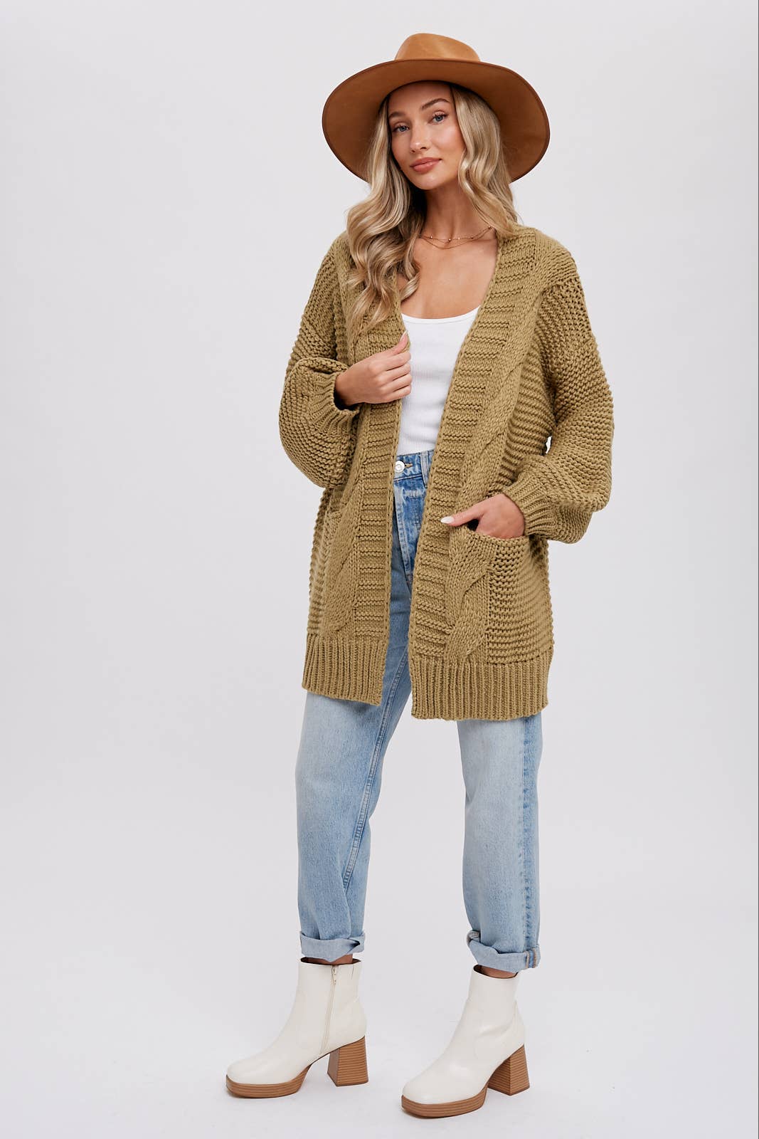 CHUNKY CABLE LANTERN SLEEVE CARDIGAN: OLIVE