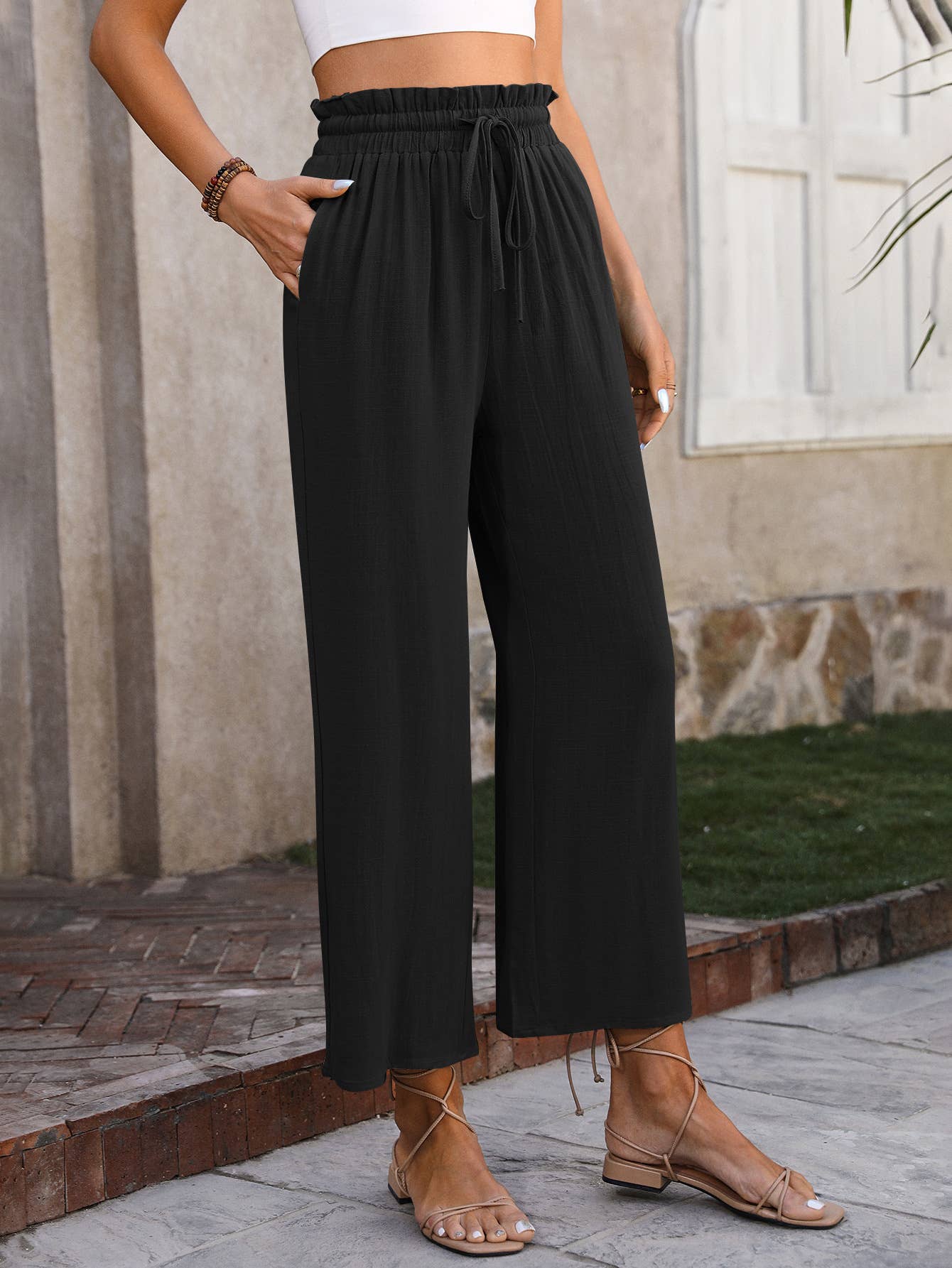 Linen Cropped Wide Leg Pants G5-P8033: Blue