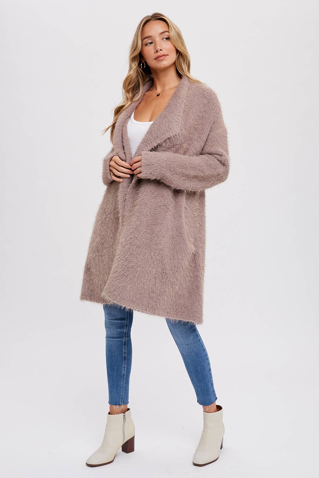 SOFT FUZZY DRAPE FRONT CARDIGAN: MUSHROOM