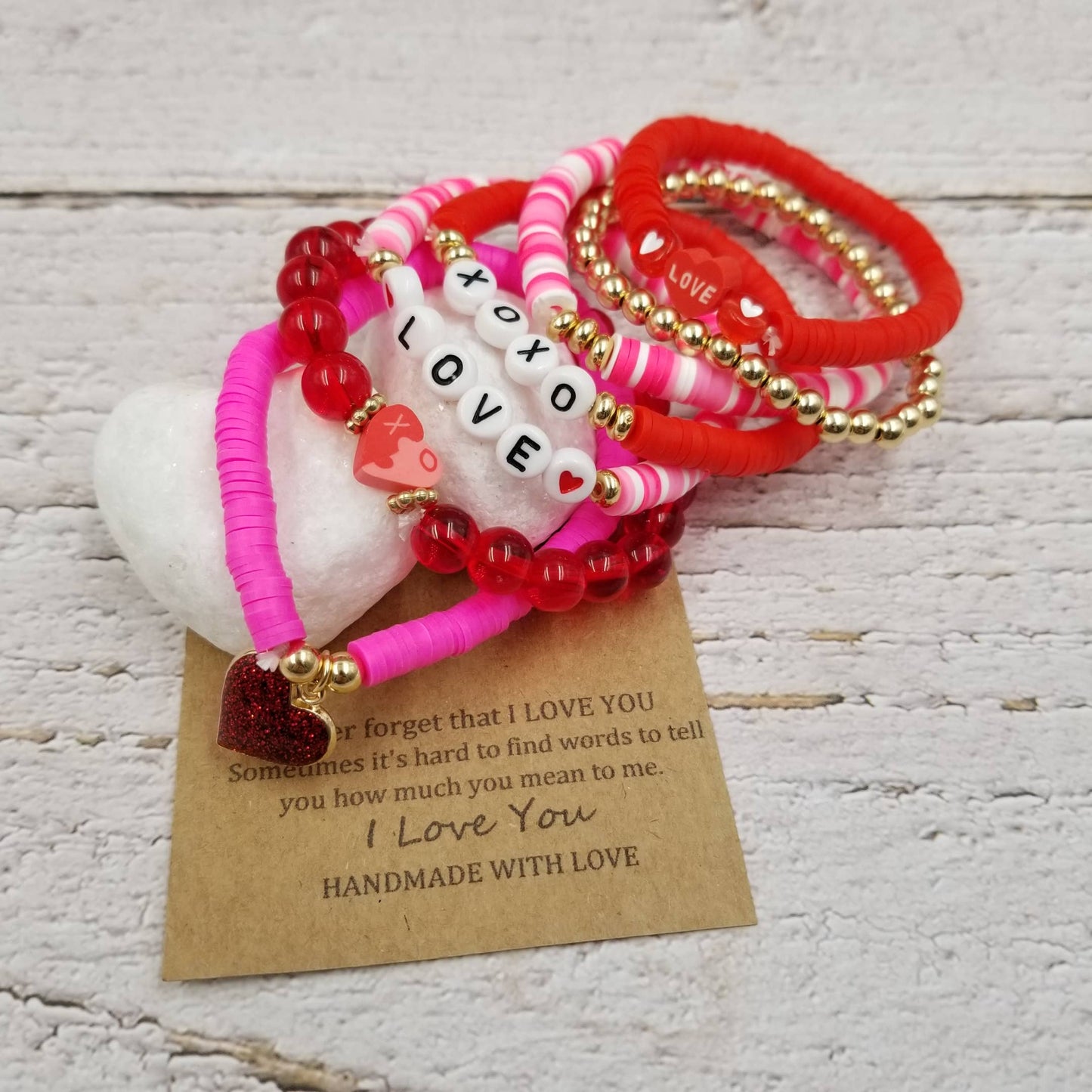 Passionate Red Clay Heishi Valentine Bracelet Sets With Card