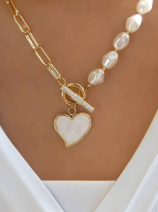 Heart Shape Pendant Rhinestone Decor Pearl Chain Necklace: Gold