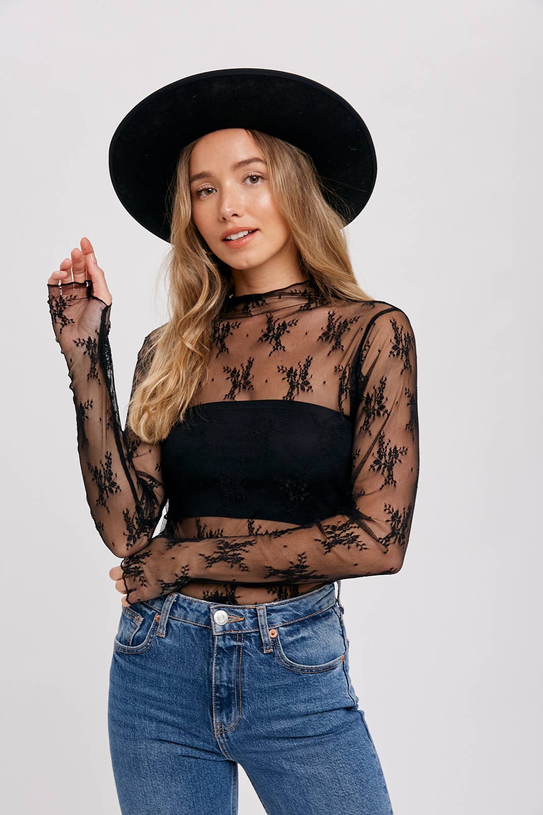 FLORAL EMBROIDERY LACE MESH LAYERING TOP: MAUVE