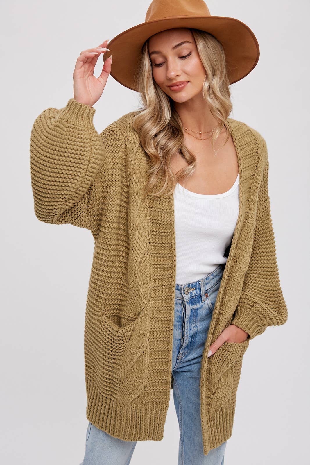 CHUNKY CABLE LANTERN SLEEVE CARDIGAN: OLIVE