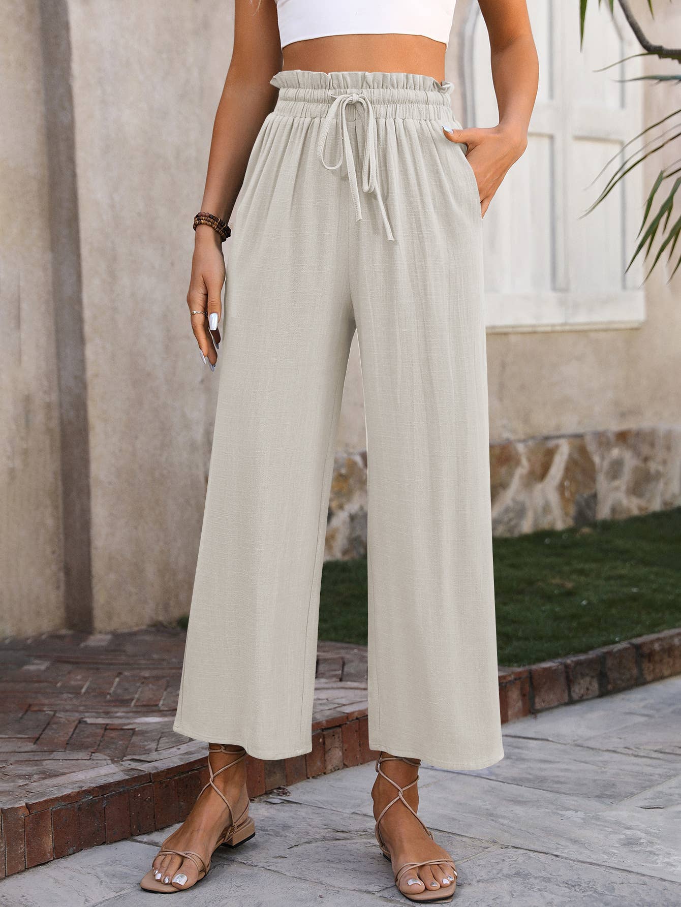 Linen Cropped Wide Leg Pants G5-P8033: Blue