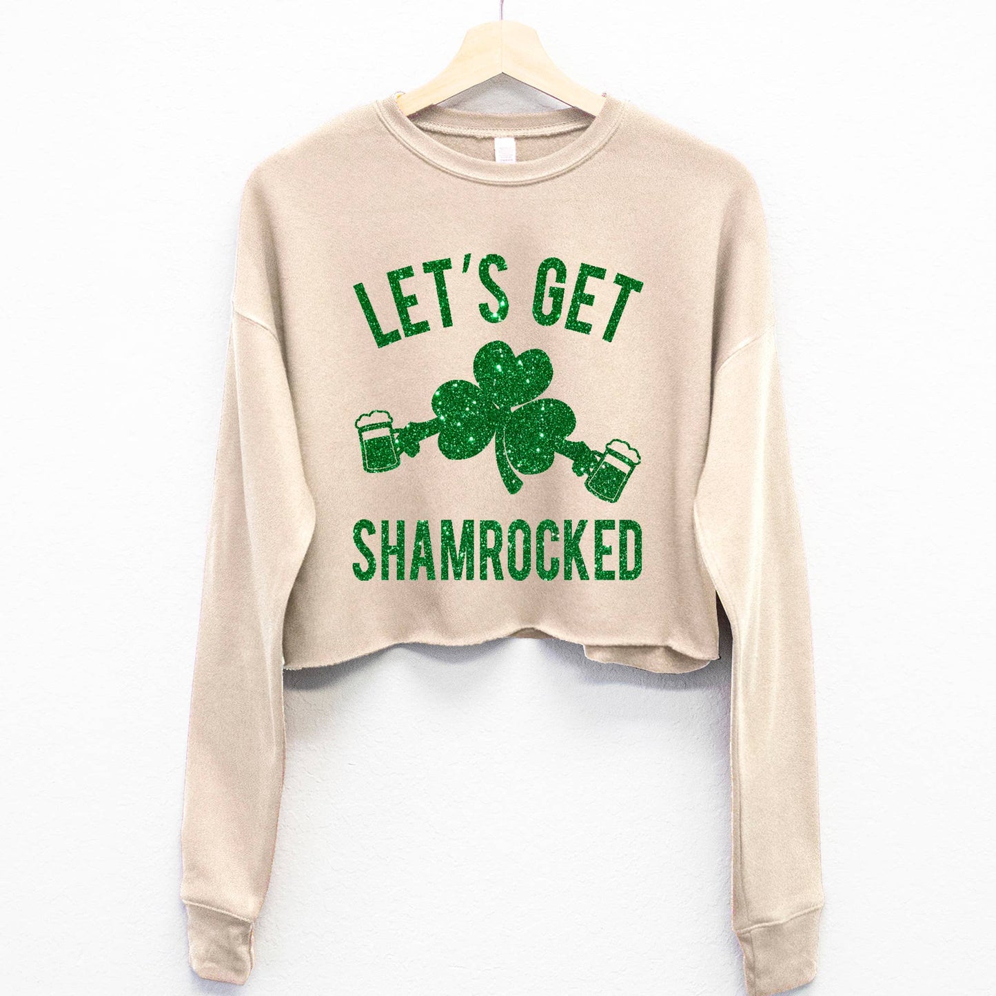 Let's Get Shamrocked GLITTER St Patricks Day Crop Sweatshirt: Green