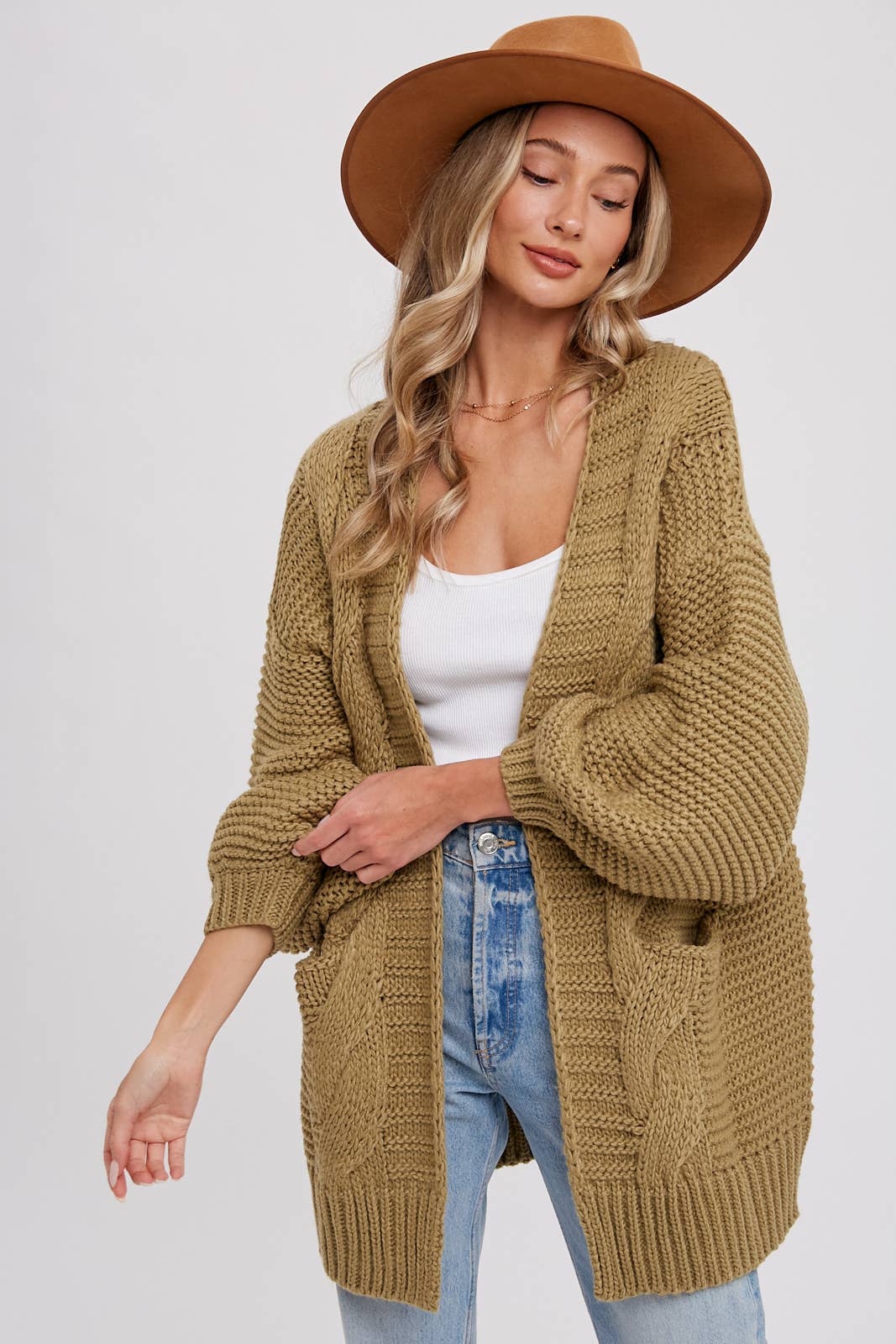 CHUNKY CABLE LANTERN SLEEVE CARDIGAN: OLIVE