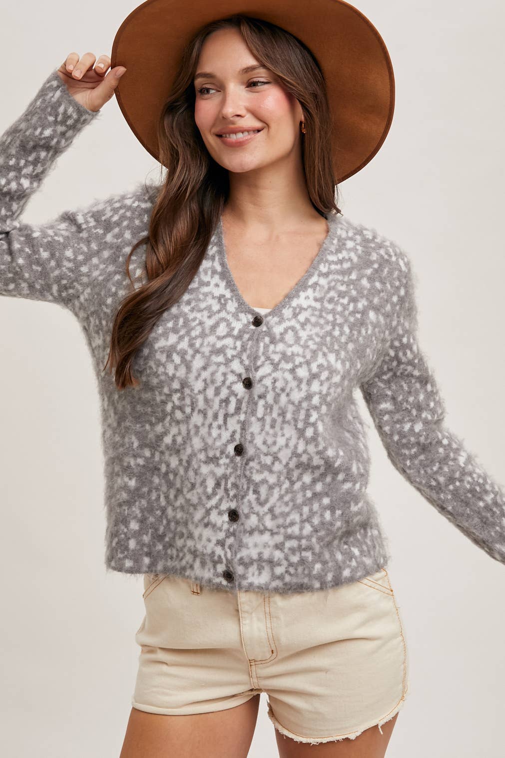 LEOPARD BUTTON DOWN KNIT CARDIGAN: TAUPE