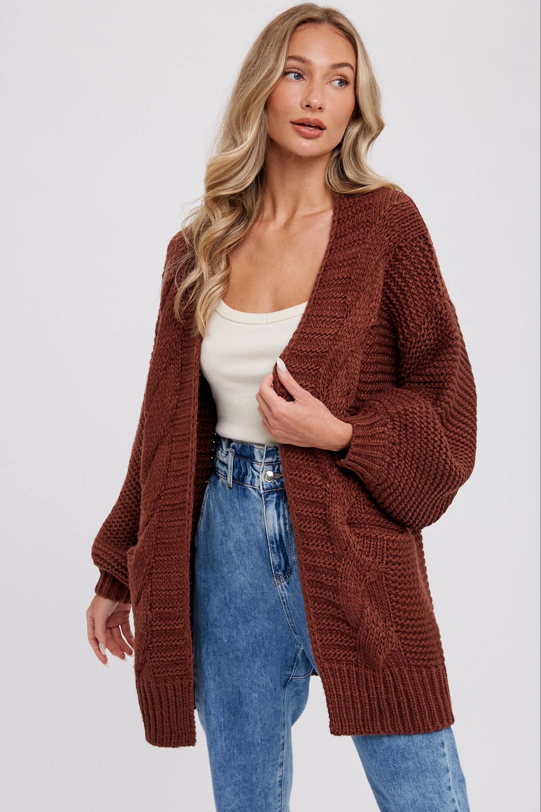 CHUNKY CABLE LANTERN SLEEVE CARDIGAN: OLIVE