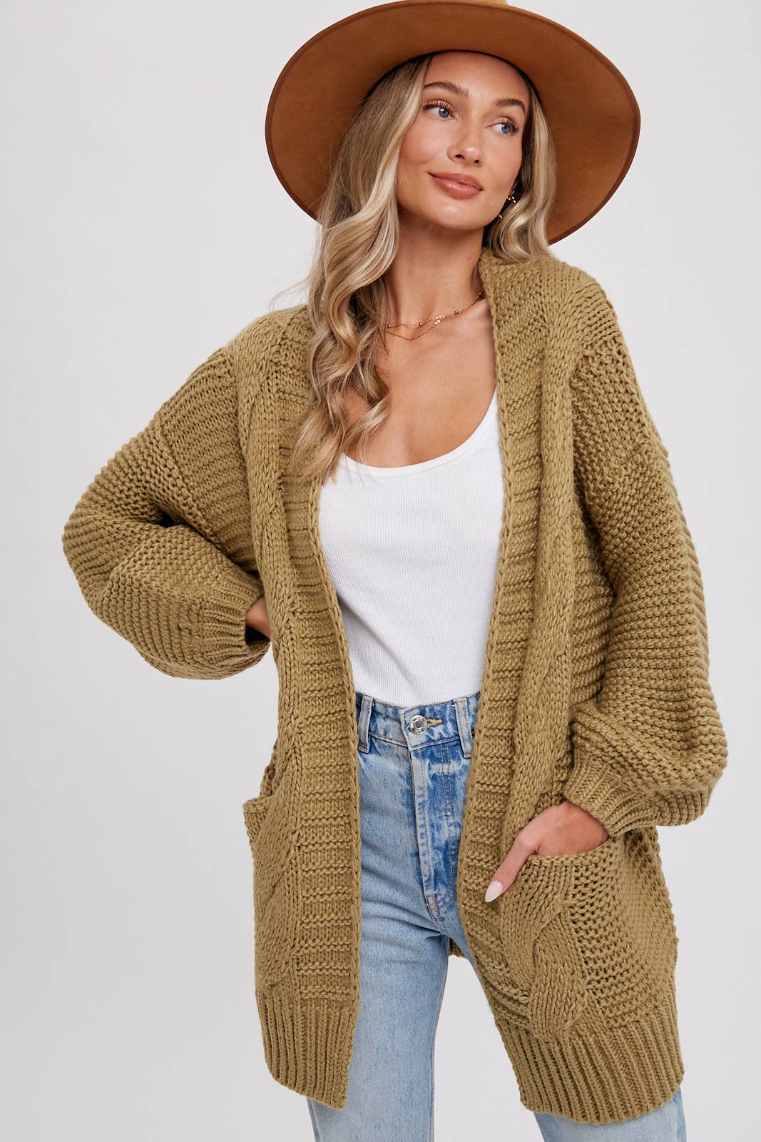 CHUNKY CABLE LANTERN SLEEVE CARDIGAN: OLIVE