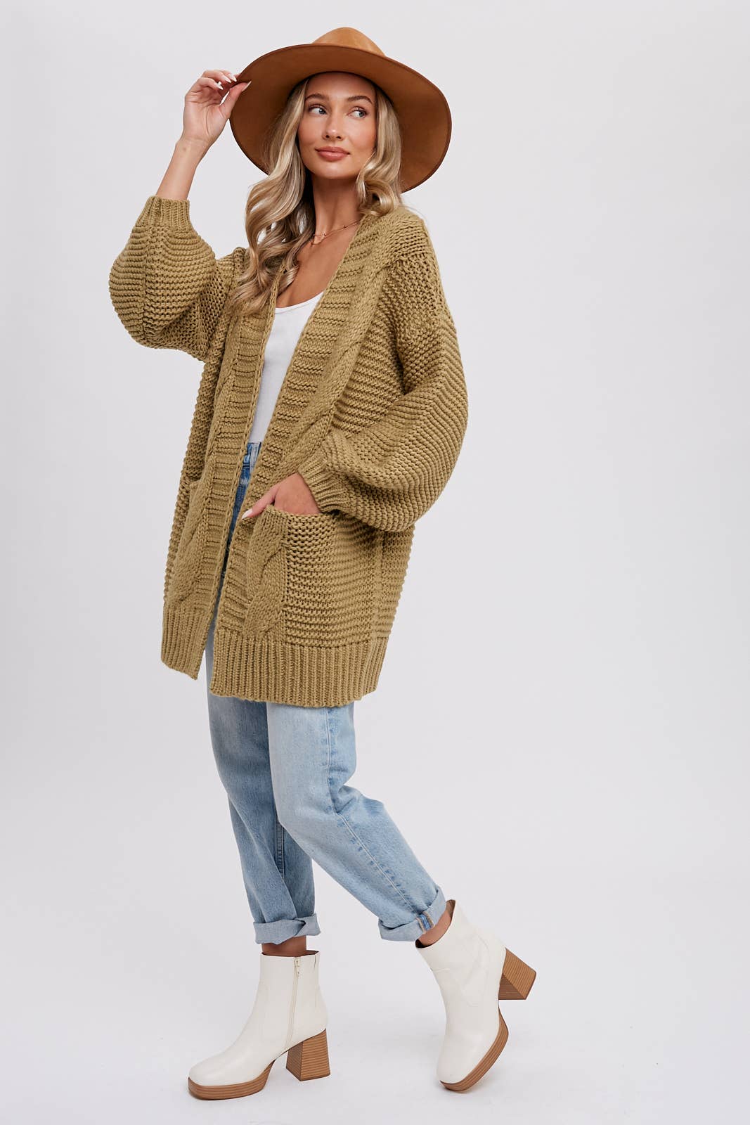 CHUNKY CABLE LANTERN SLEEVE CARDIGAN: OLIVE