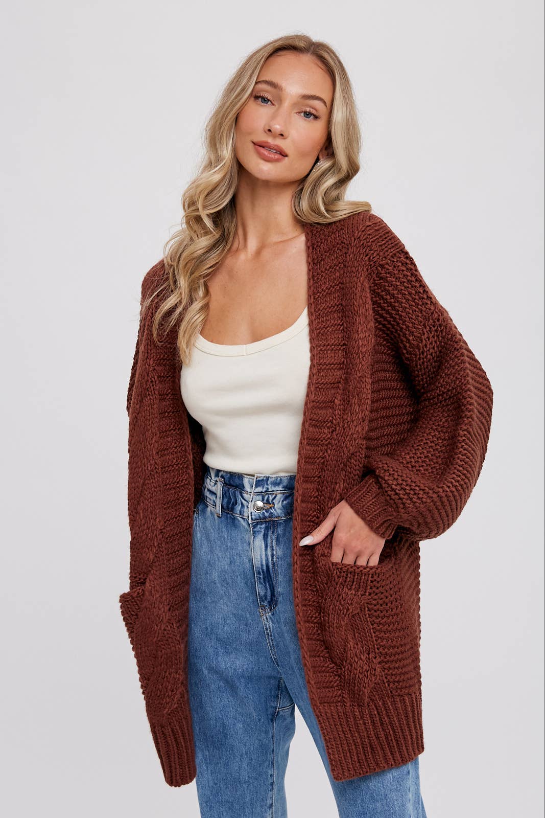 CHUNKY CABLE LANTERN SLEEVE CARDIGAN: OLIVE