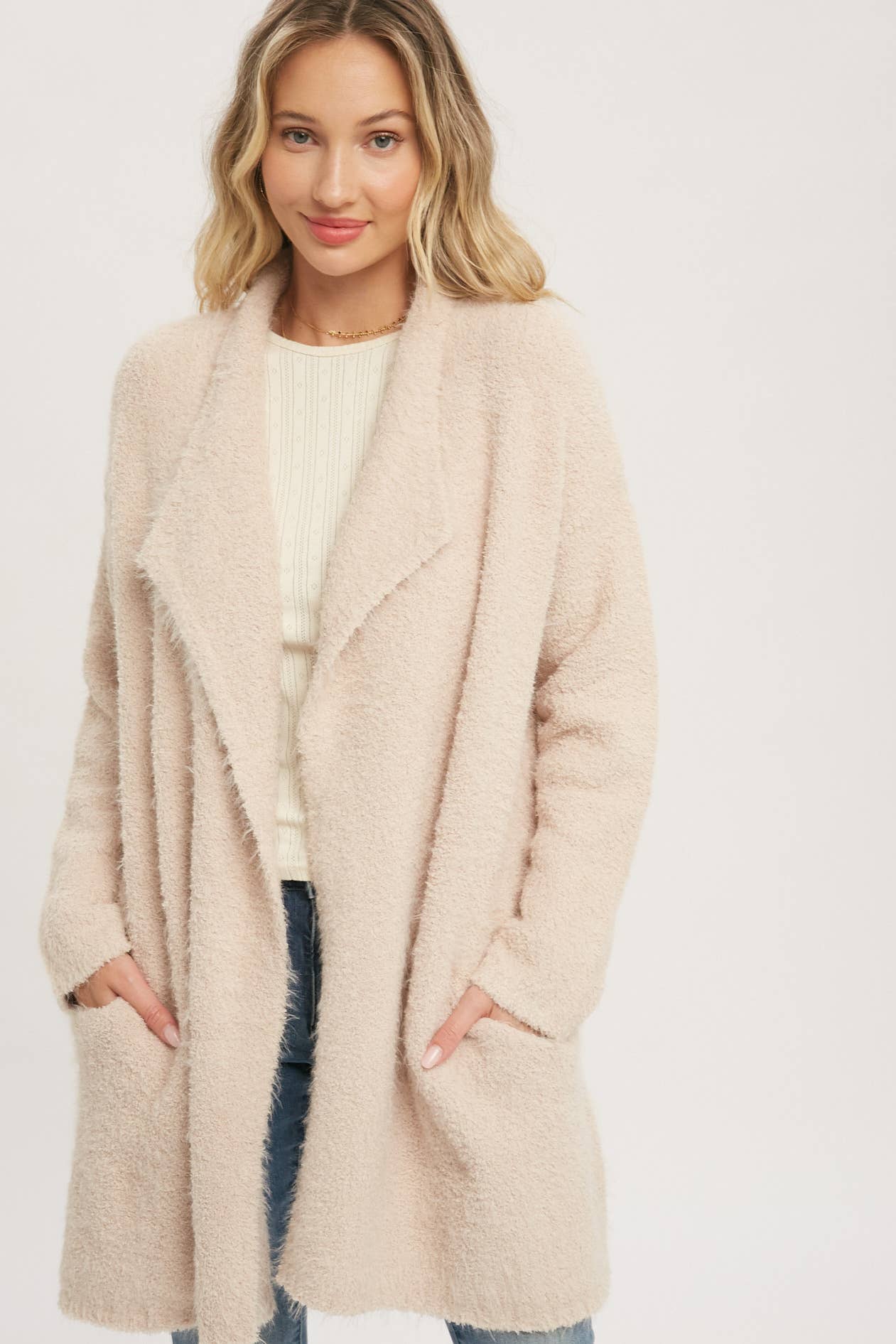 SOFT FUZZY DRAPE FRONT CARDIGAN: MUSHROOM