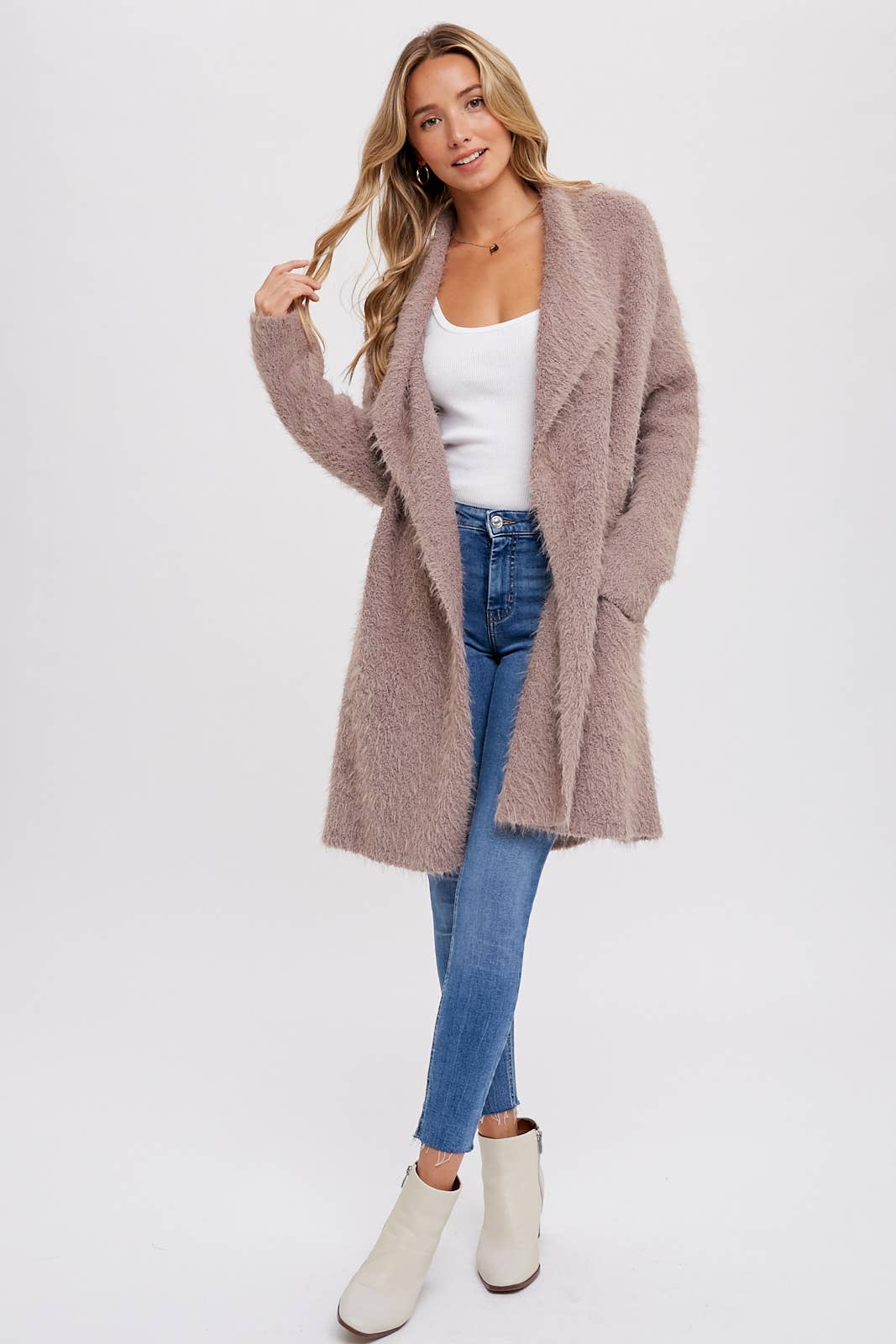 SOFT FUZZY DRAPE FRONT CARDIGAN: MUSHROOM