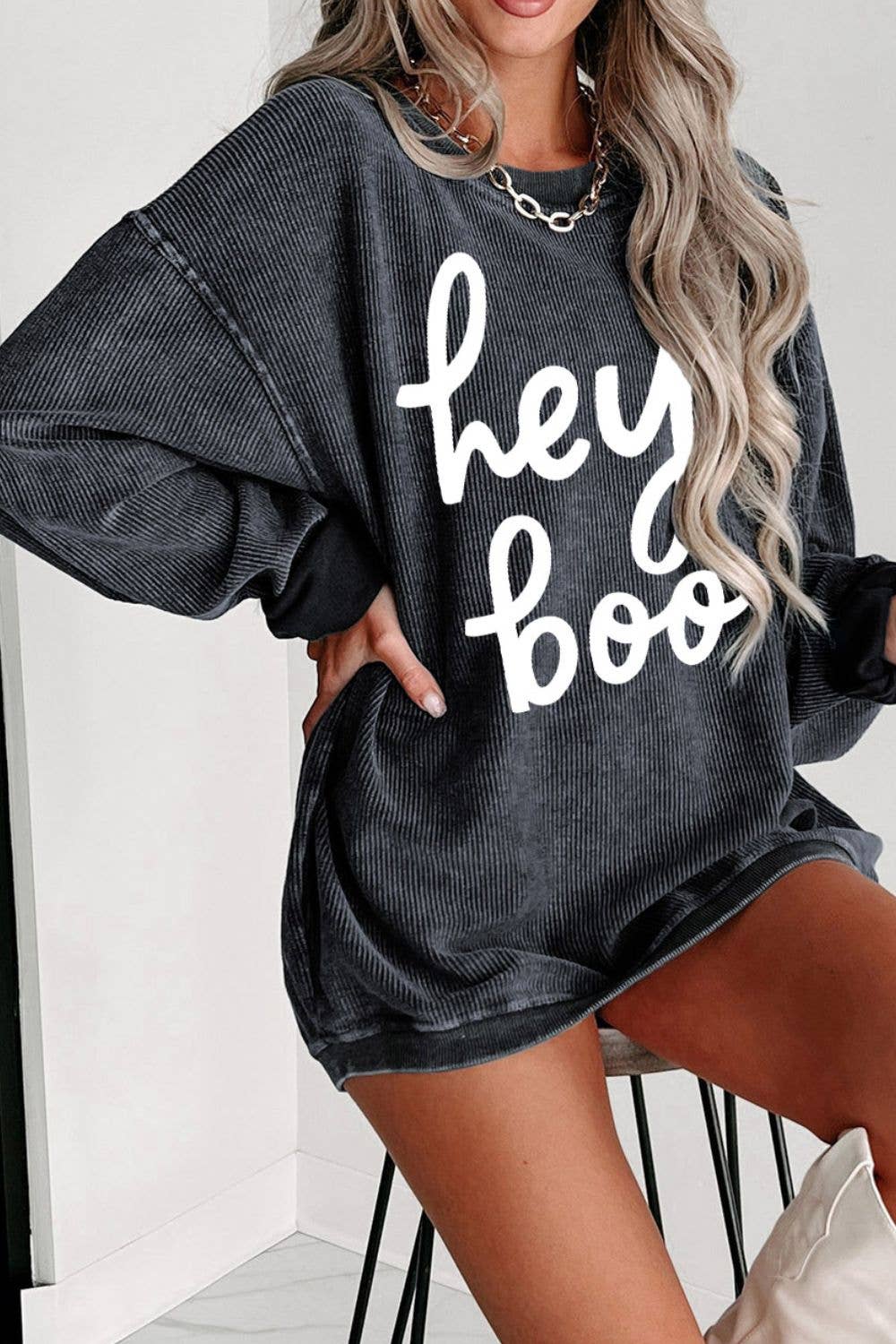 Hey Boo Corded Sweatshirt In Charcoal Fall Halloween: Small