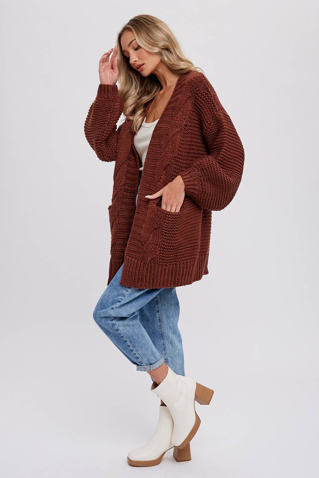 CHUNKY CABLE LANTERN SLEEVE CARDIGAN: OLIVE