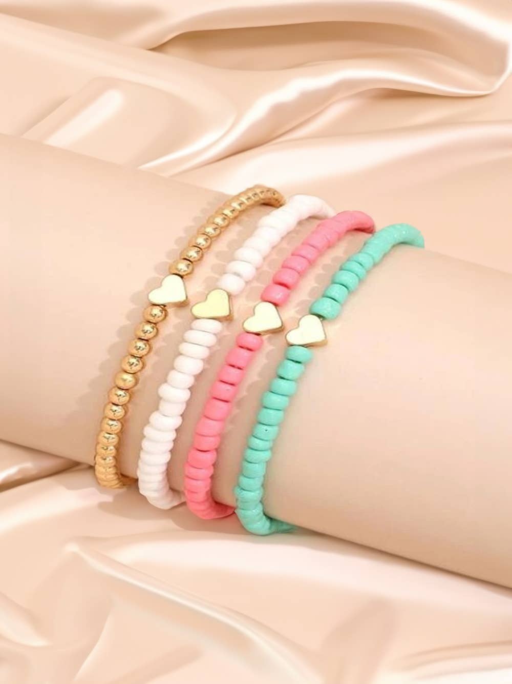 Heart Beaded Multi Layered Bracelet Set: Pink