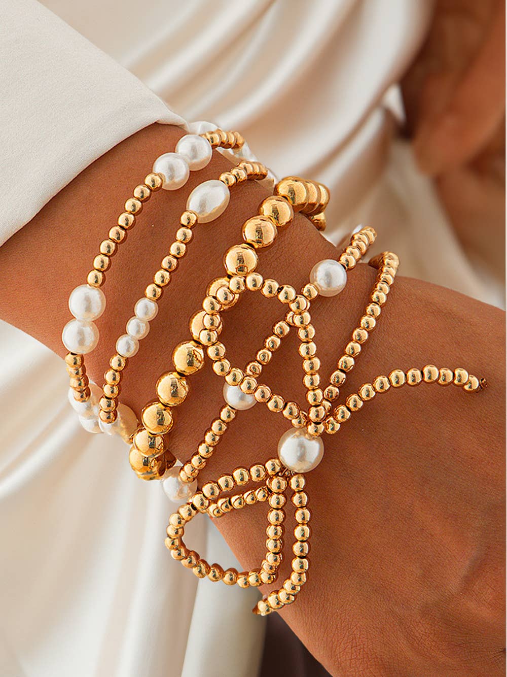 Valentine's Bow Knot Pearl Beaded Multi Layered Bracelet Set: Gold