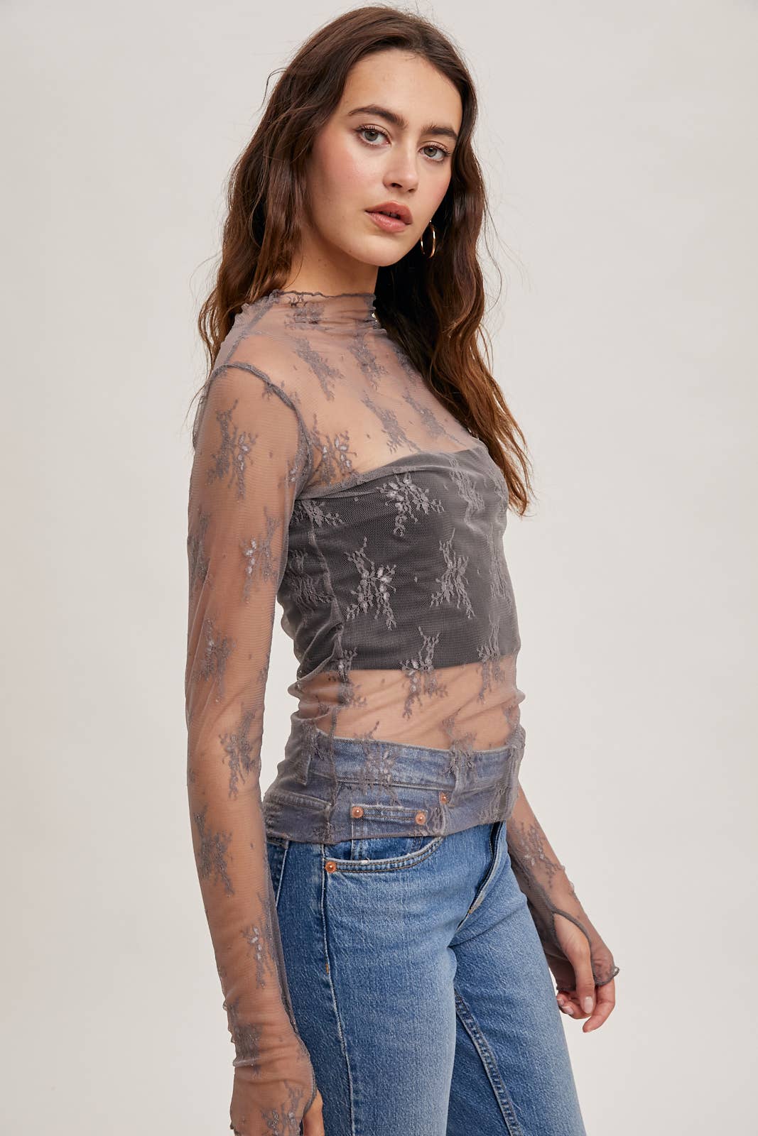 FLORAL EMBROIDERY LACE MESH LAYERING TOP: MAUVE