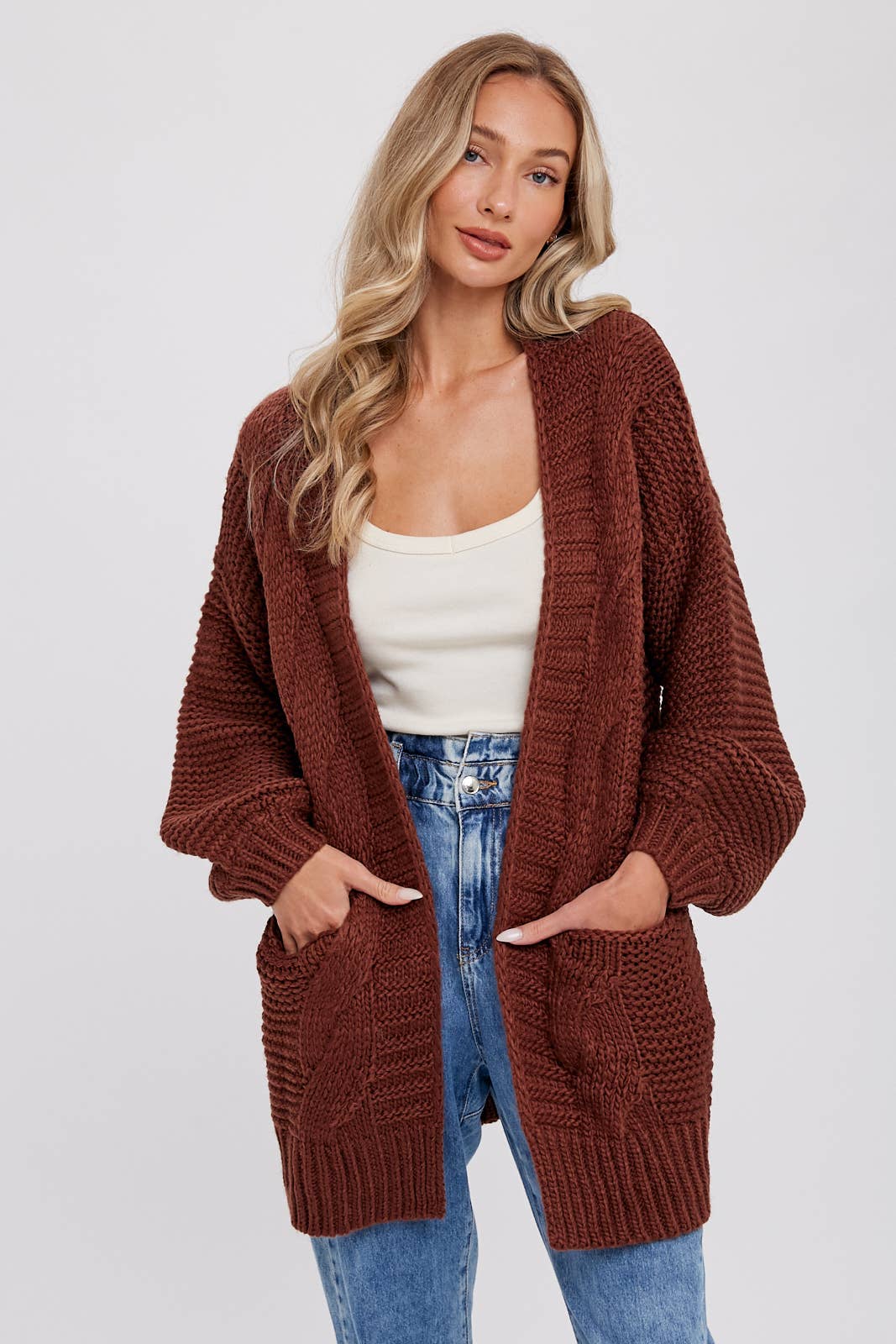 CHUNKY CABLE LANTERN SLEEVE CARDIGAN: OLIVE