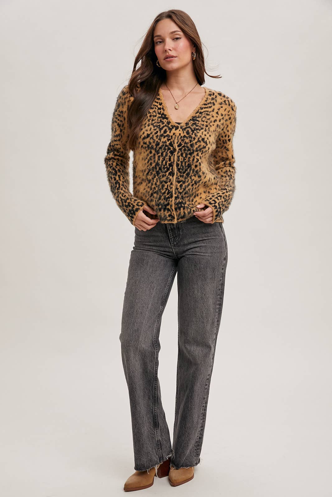 LEOPARD BUTTON DOWN KNIT CARDIGAN: TAUPE