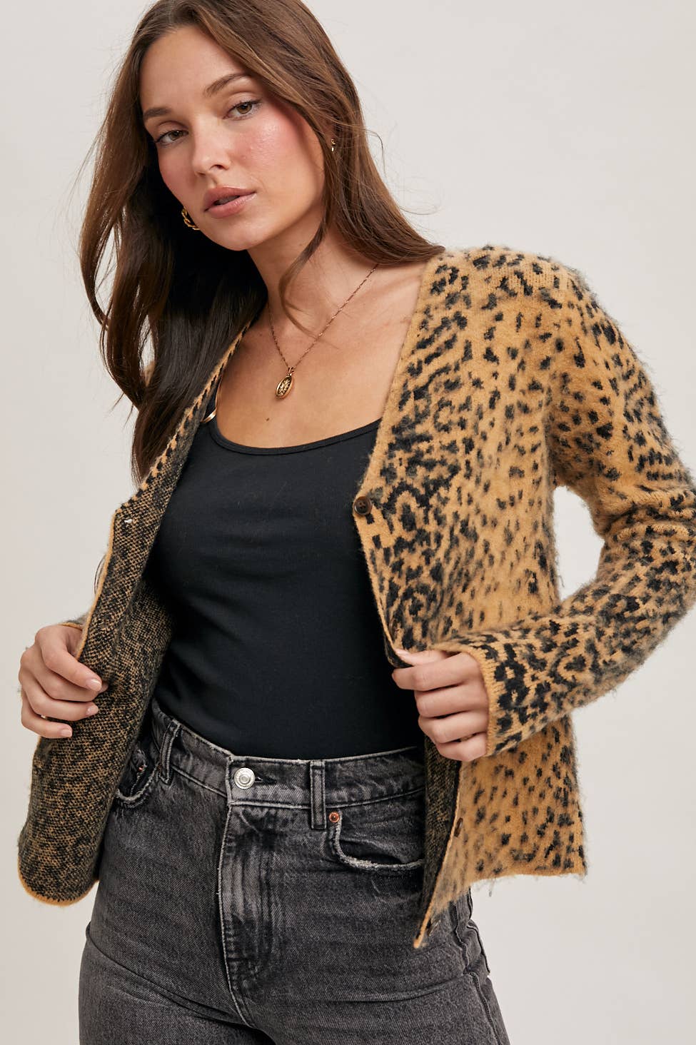 LEOPARD BUTTON DOWN KNIT CARDIGAN: TAUPE