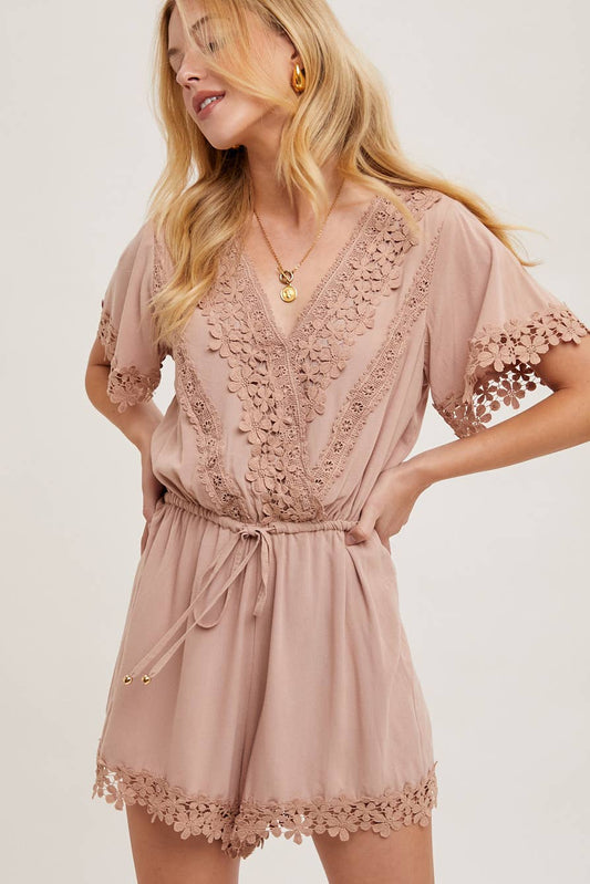 WRAP FLORAL LACE TRIMMED DRAWSTRING ROMPER: ALMOND