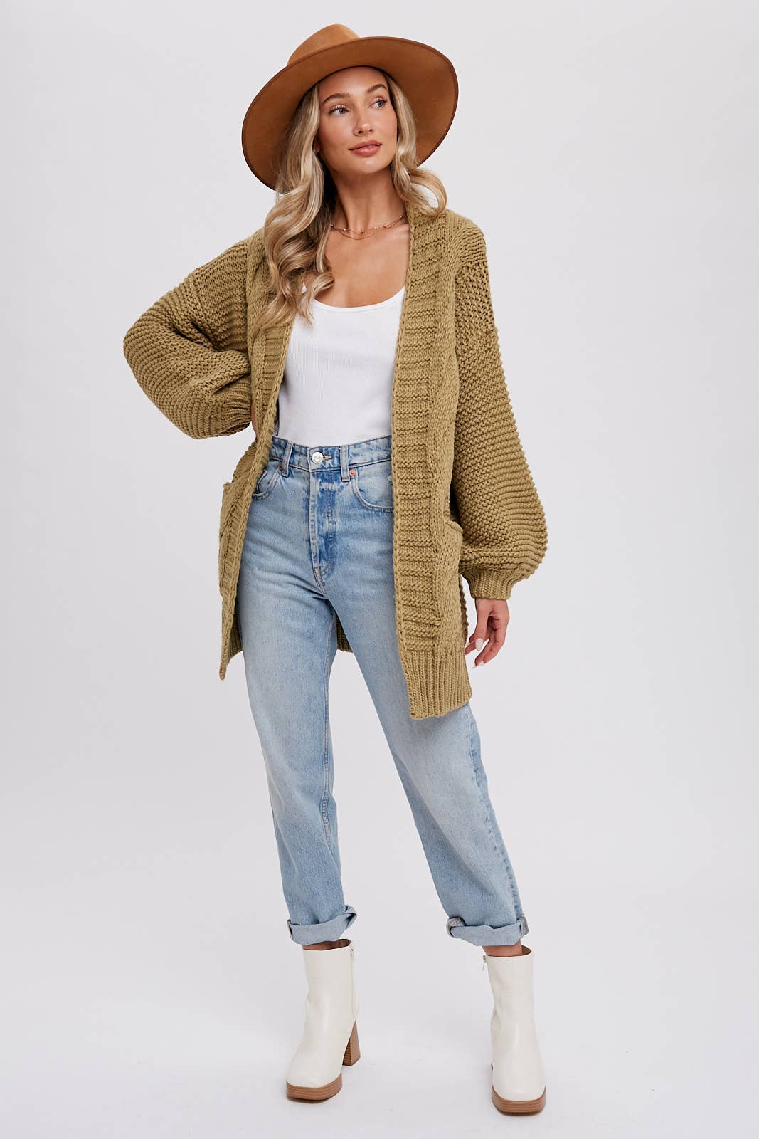 CHUNKY CABLE LANTERN SLEEVE CARDIGAN: OLIVE