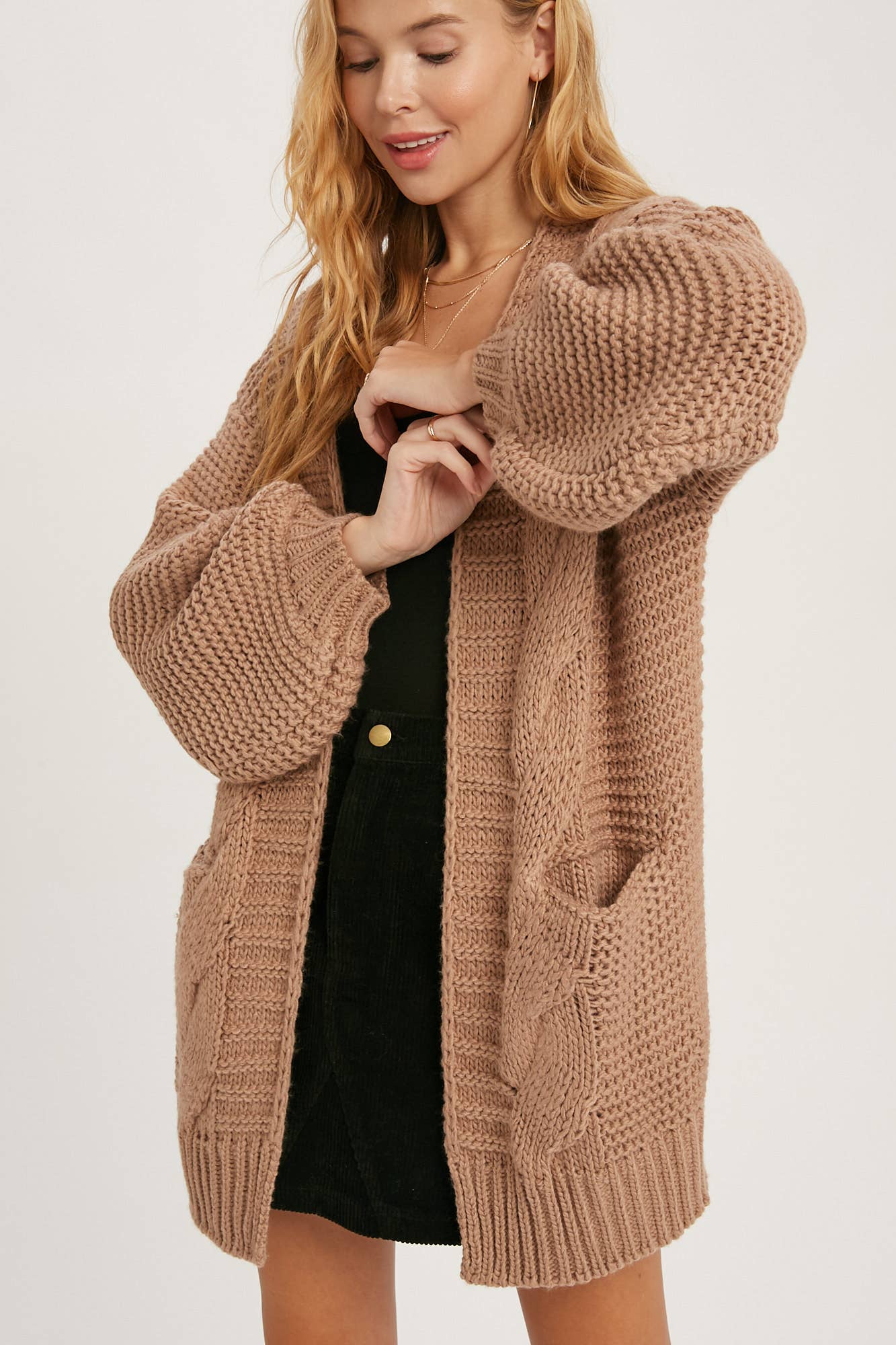 CHUNKY CABLE LANTERN SLEEVE CARDIGAN: OLIVE