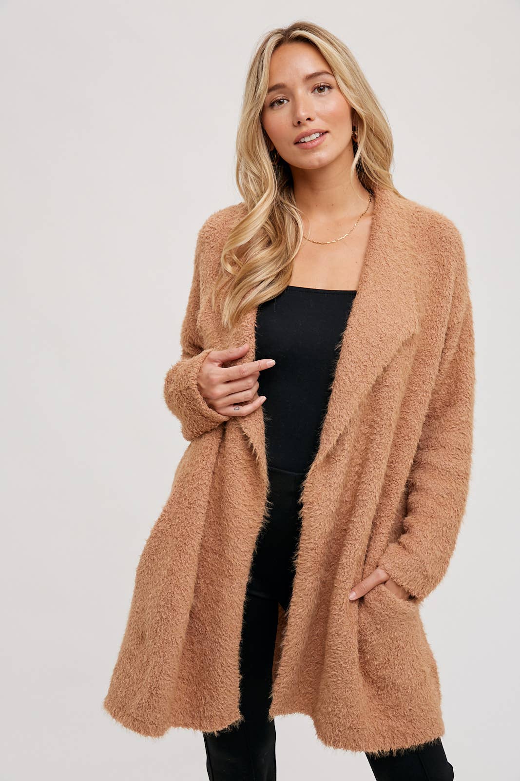 SOFT FUZZY DRAPE FRONT CARDIGAN: MUSHROOM