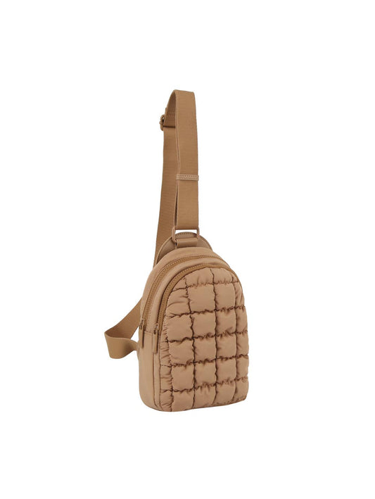 Metro Muse Puffy Quilted Nylon Sling Crossbody Bag: Tan