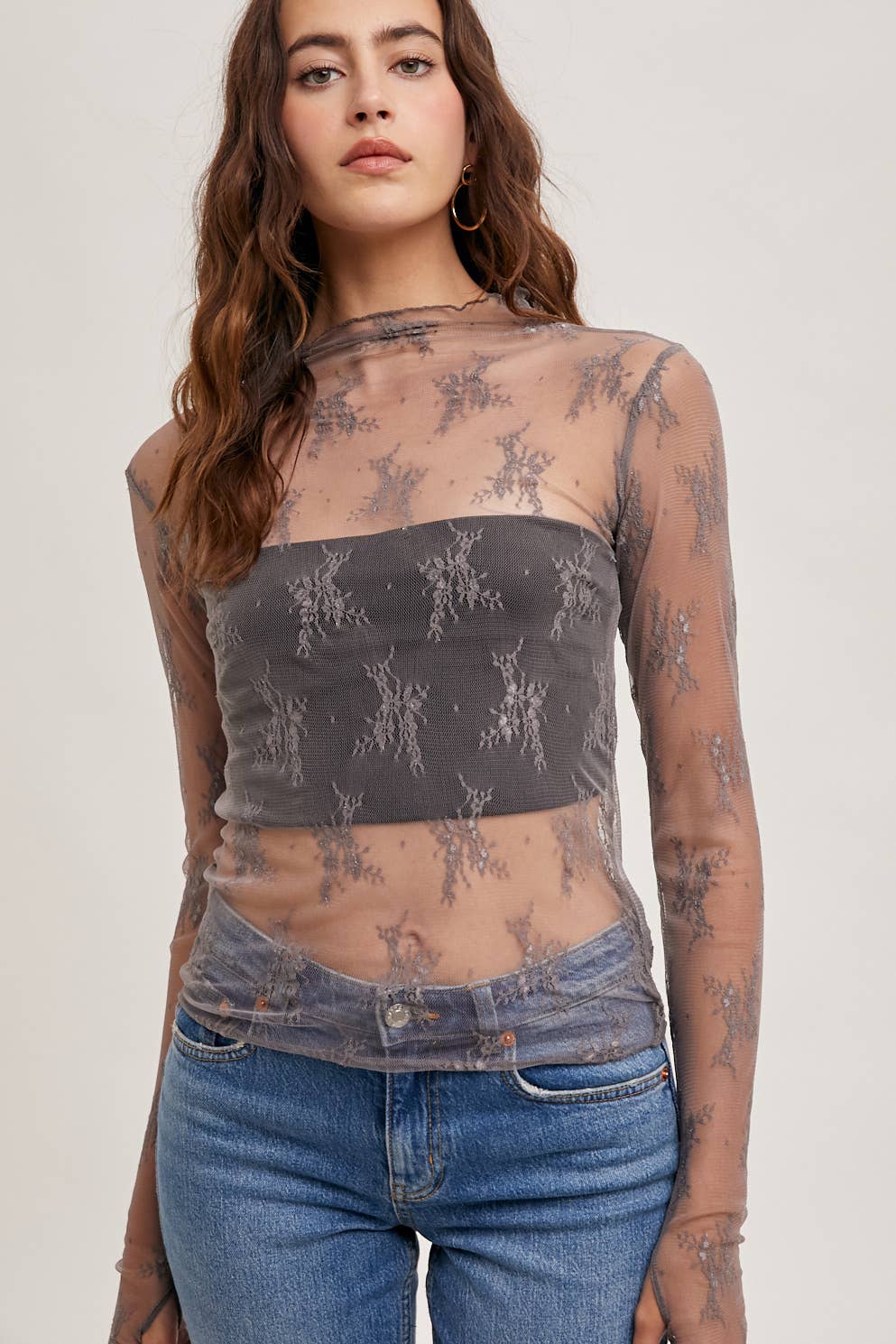 FLORAL EMBROIDERY LACE MESH LAYERING TOP: MAUVE