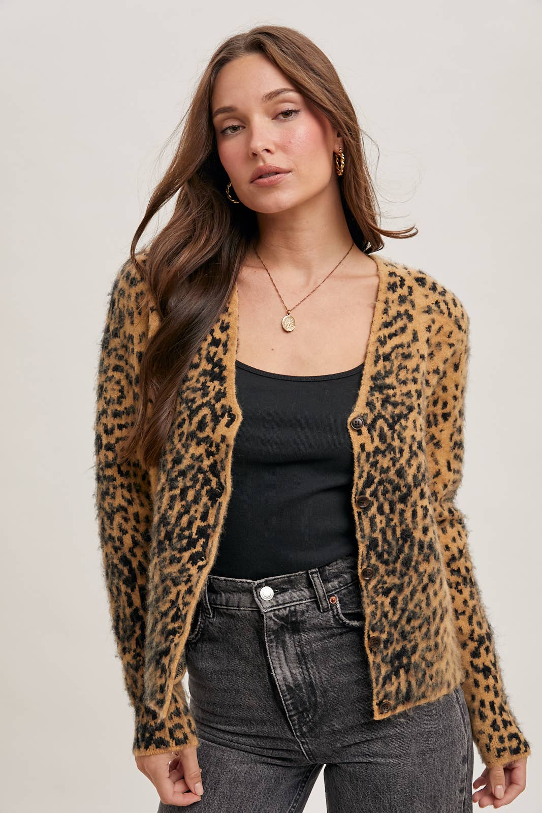 LEOPARD BUTTON DOWN KNIT CARDIGAN: TAUPE