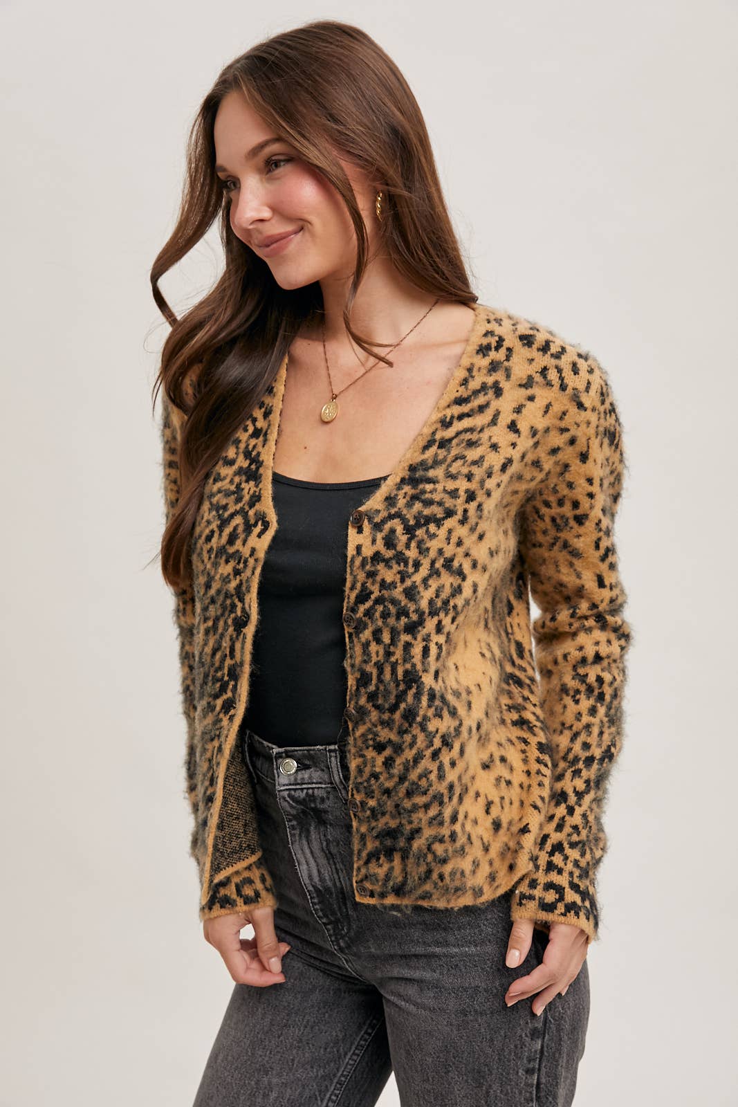 LEOPARD BUTTON DOWN KNIT CARDIGAN: TAUPE