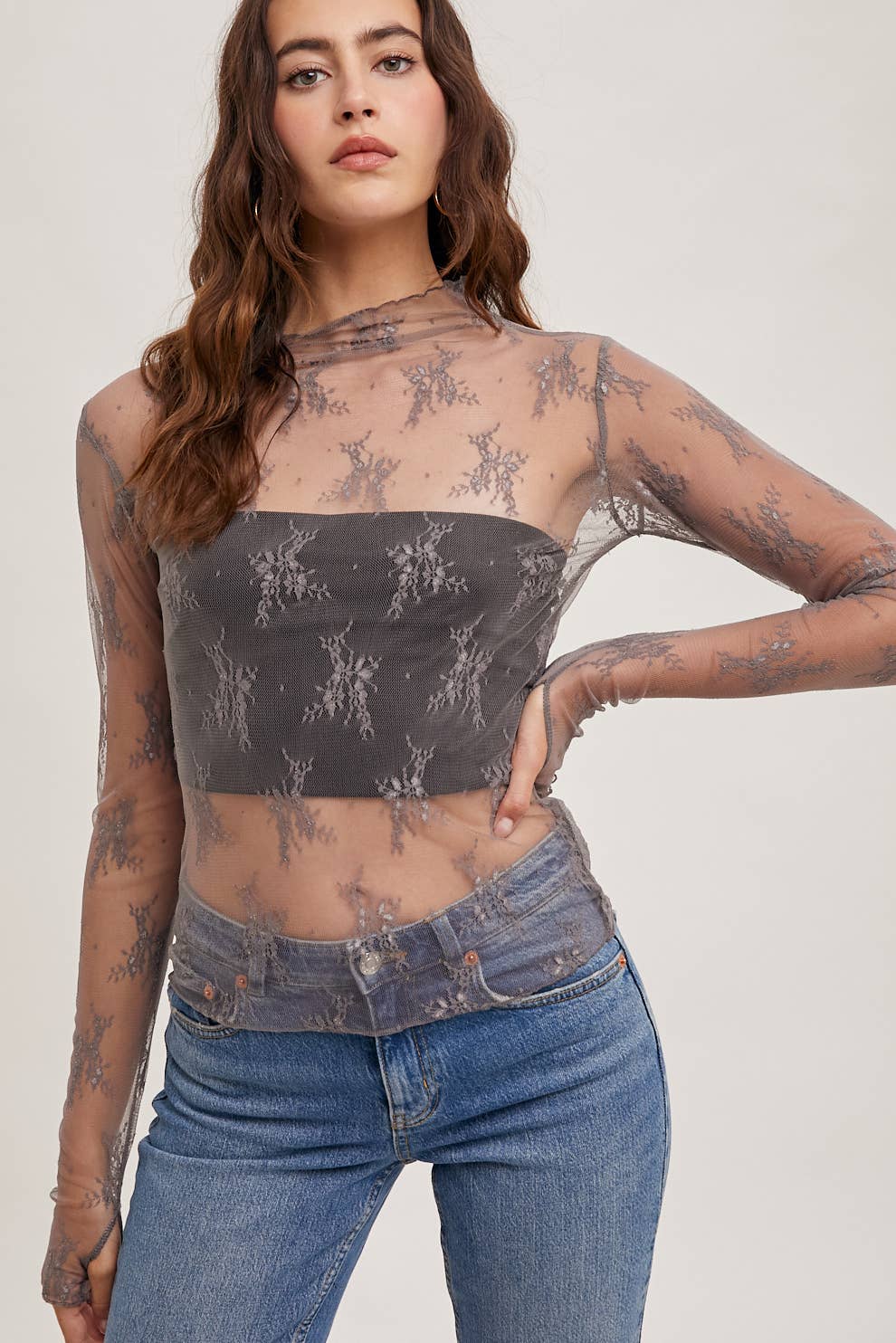 FLORAL EMBROIDERY LACE MESH LAYERING TOP: MAUVE