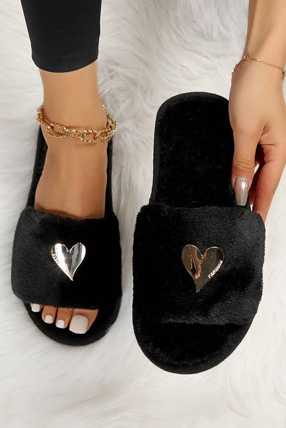 Heart Shape Buckle Decor Open Toe Plush Slippers: Parchment