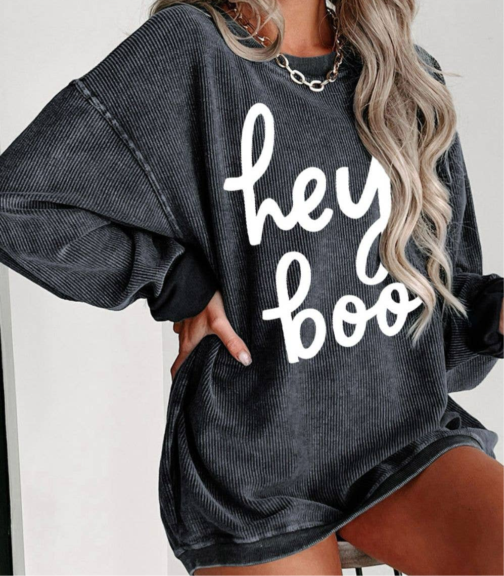 Hey Boo Corded Sweatshirt In Charcoal Fall Halloween: Small