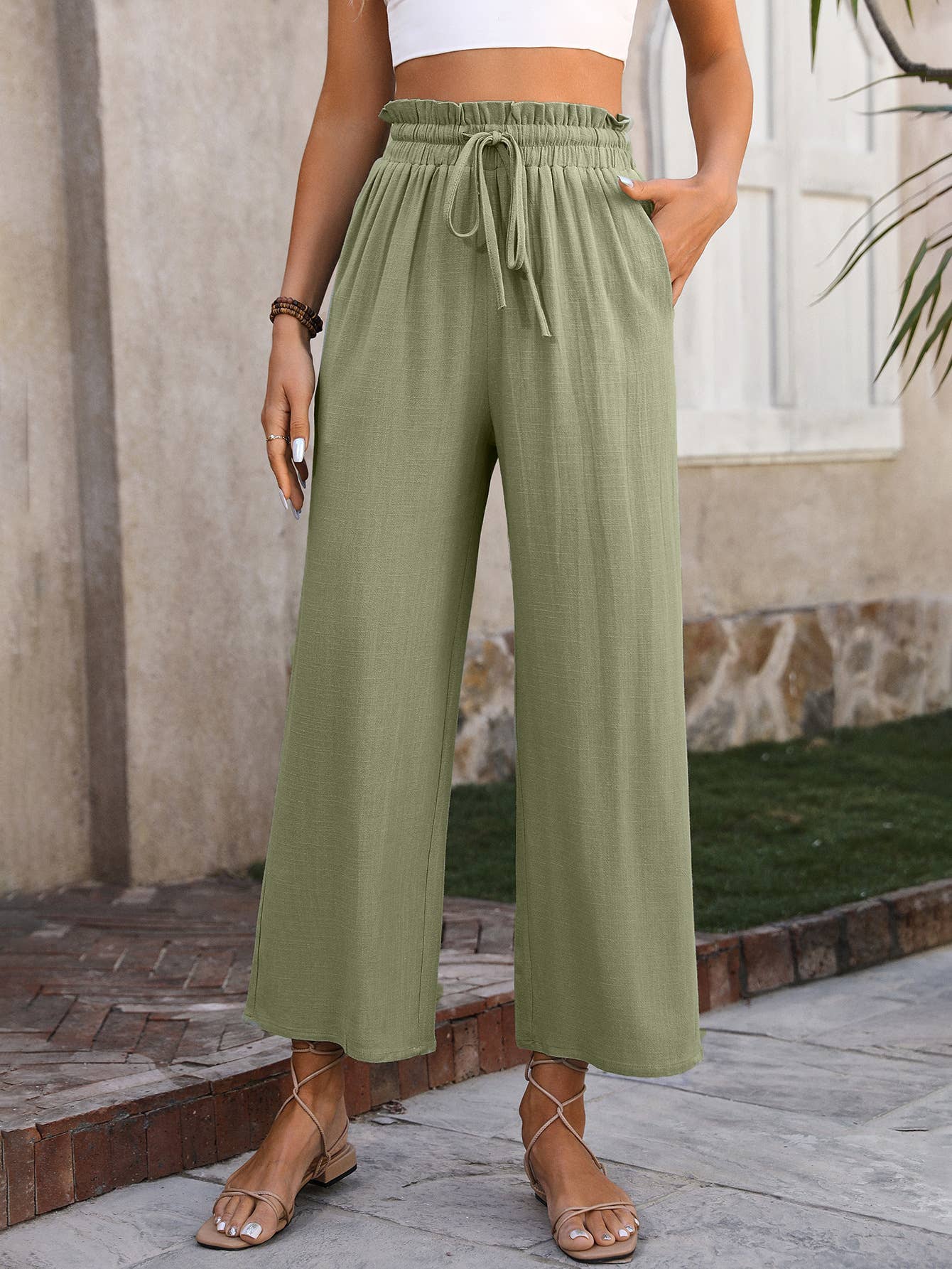 Linen Cropped Wide Leg Pants G5-P8033: Blue