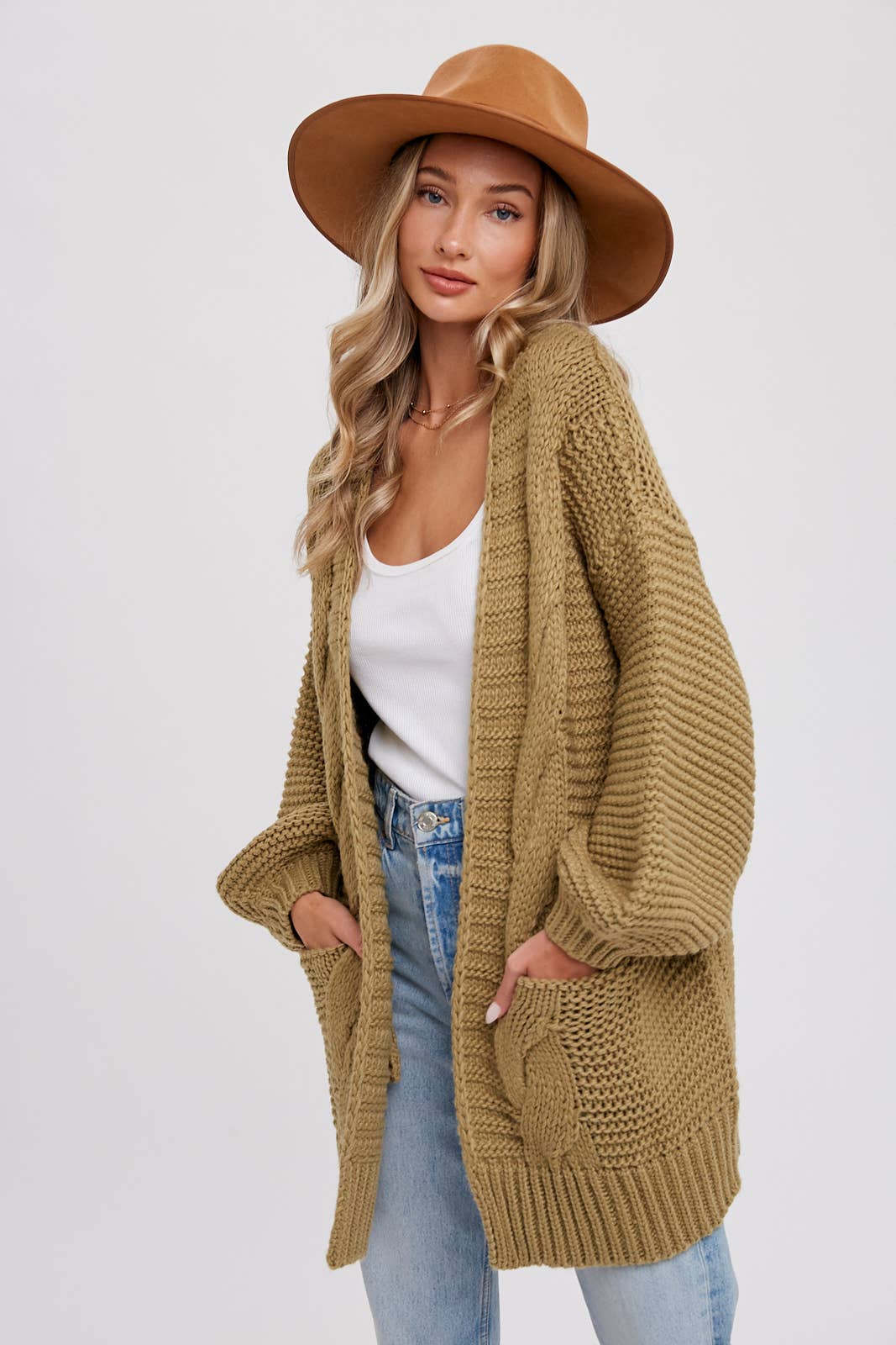 CHUNKY CABLE LANTERN SLEEVE CARDIGAN: OLIVE