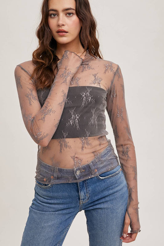 FLORAL EMBROIDERY LACE MESH LAYERING TOP: MAUVE