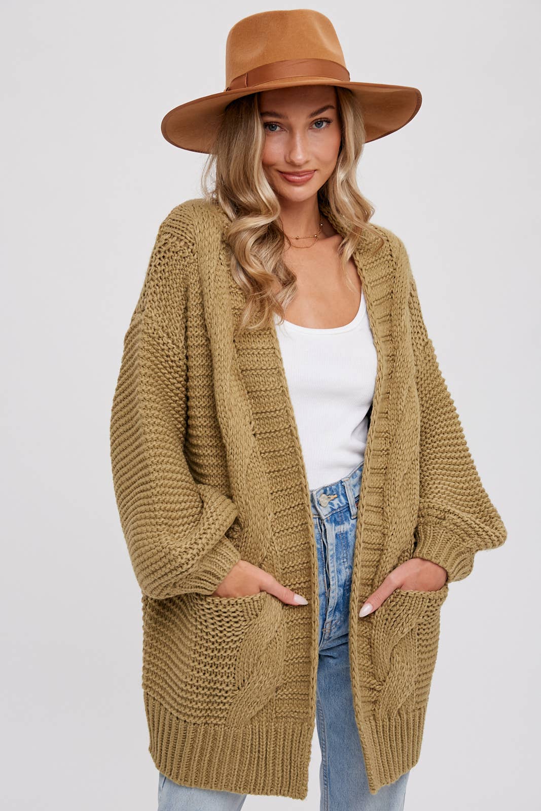 CHUNKY CABLE LANTERN SLEEVE CARDIGAN: OLIVE