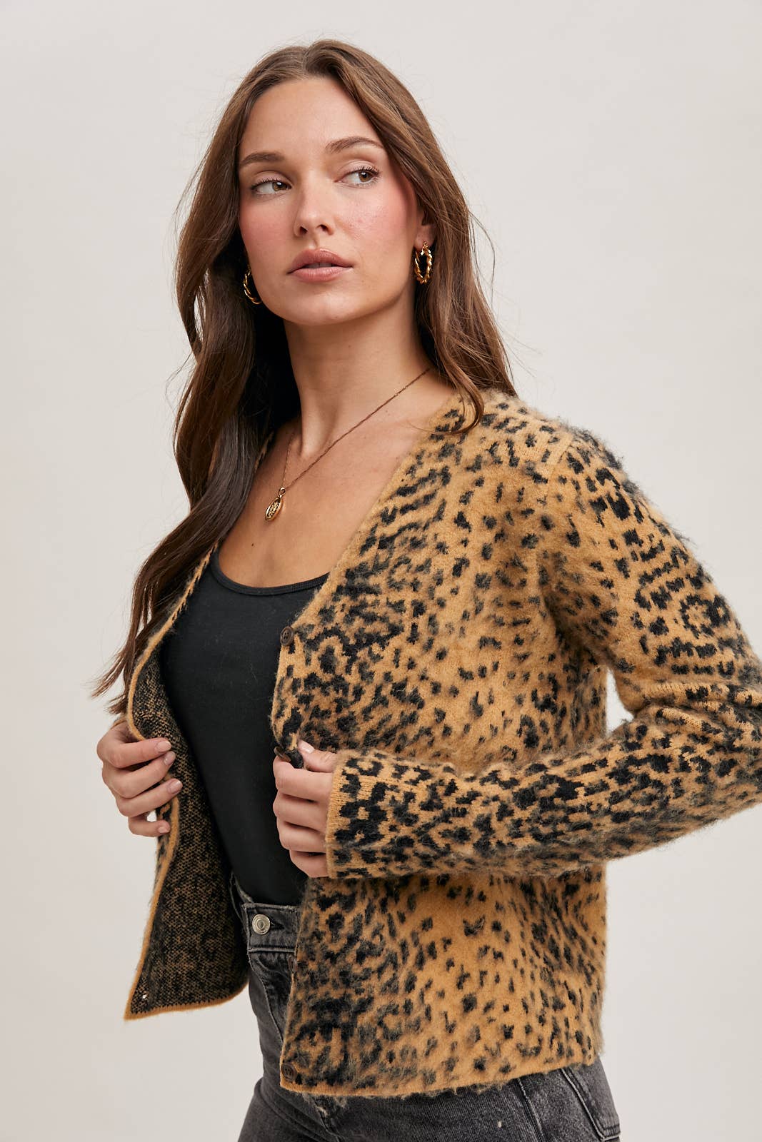 LEOPARD BUTTON DOWN KNIT CARDIGAN: TAUPE