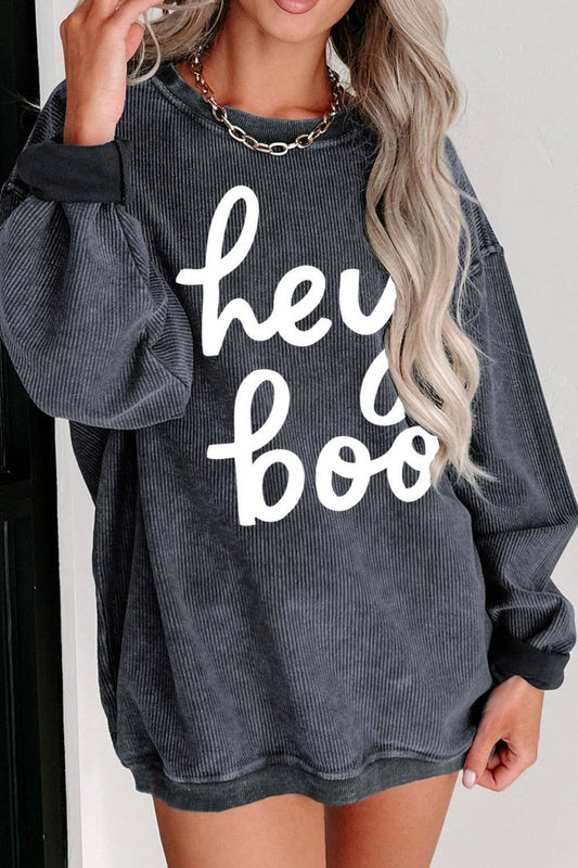 Hey Boo Corded Sweatshirt In Charcoal Fall Halloween: Small